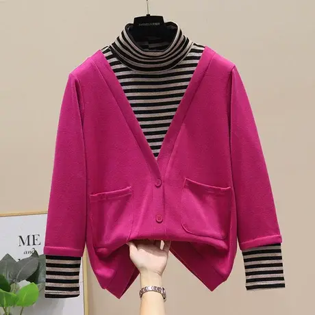 假两件卫衣外套女2023秋冬新款chic宽松ins高领加绒条纹拼接上衣商品大图