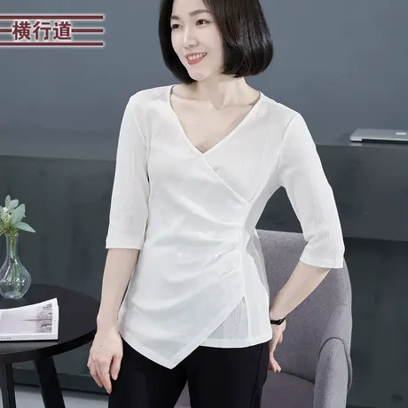 2023夏季新款韩版淑女甜美V领收腰纯色中袖T恤女装大码外穿上衣服商品大图