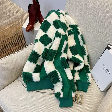 韩系chic休闲大码绿色棋盘格加绒卫衣女ins潮秋冬圆领高级感外套商品大图