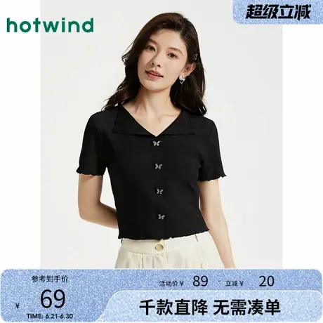 热风黑色V领短袖T恤上衣2025年夏季新款女士蝴蝶装饰小个子短袖T图片