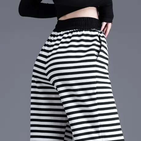 黑白条纹裤子女居家懒人卫裤休闲阔腿裤女2023新款松紧腰直筒长裤商品大图