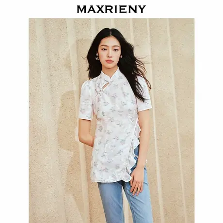 【奥莱】MAXRIENY新中式手工盘扣上衣女修身国风复古雪纺衫图片