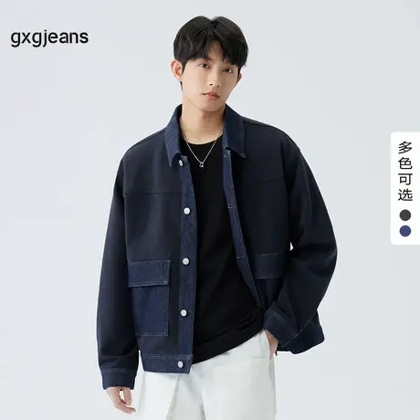 gxg.jeans男装秋冬季深蓝色撞色拼接时尚宽松翻领夹克外套商品大图