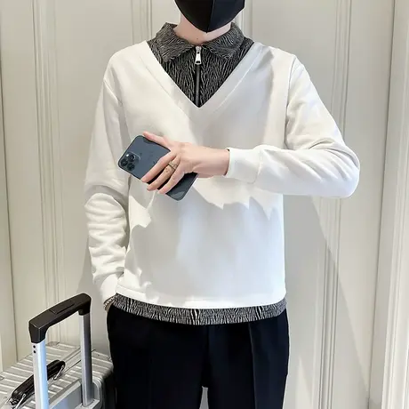 假两件卫衣男春秋季新款个性半拉链潮男痞帅长袖内搭上衣休闲外套商品大图