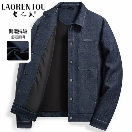 老人头男士仿牛仔短款外套2024春秋季新款休闲潮流工装翻领夹克衫商品大图