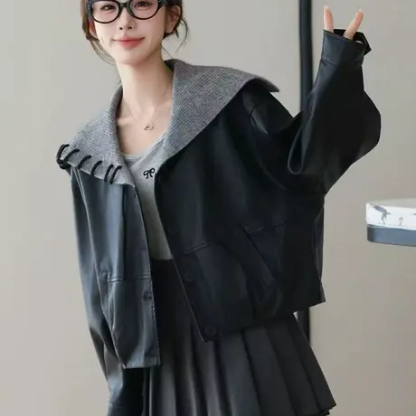 拉夏贝尔韩系设计感海军领皮衣外套女2025早秋新款百搭小个子上衣图片