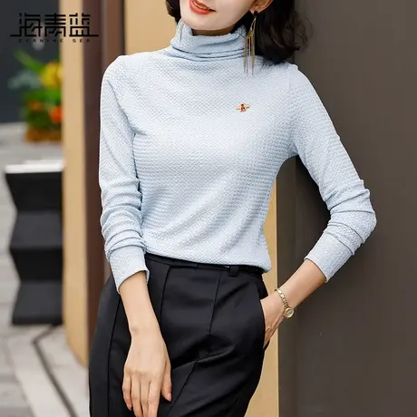 海青蓝简约气质打底衫女2024春秋新款高领长袖上衣减龄纯色小衫商品大图