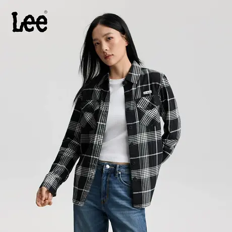 Lee商场同款25秋冬新舒适版翻领银色纱线混纺格纹黑色女长袖衬衫商品大图