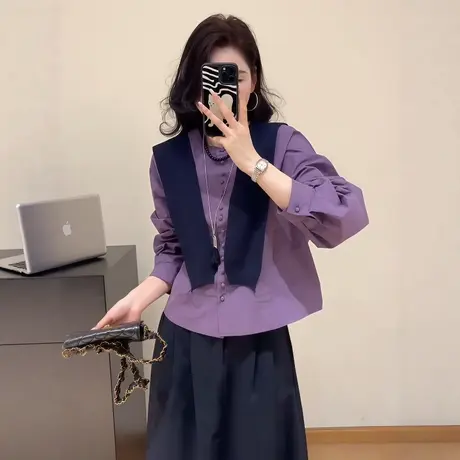 披肩两件套紫色长袖衬衫女款2025新款早秋设计感法式独特别致上衣商品大图