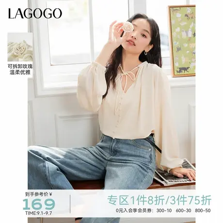 LAGOGO法式优雅V领长袖上衣女拉谷谷2025年秋新款泡泡袖雪纺衫图片