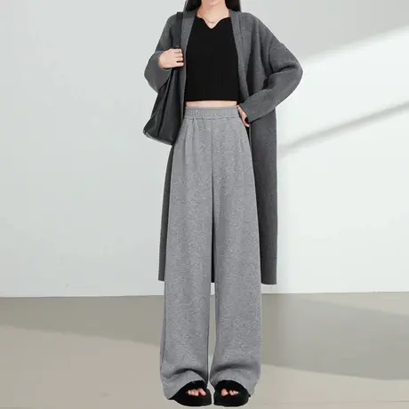 灰色休闲针织糯米裤女秋季高腰垂感宽松显瘦软糯拖地直筒阔腿裤子商品大图