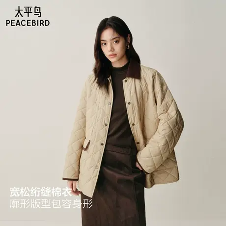 太平鸟宽松直筒菱格绗缝棉衣25领口袖口撞色卡其色棉服外套女商品大图