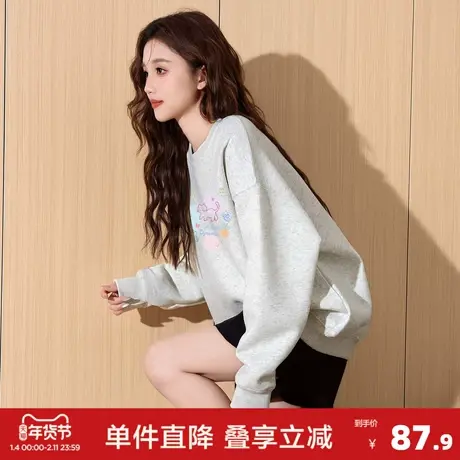 唐狮2026秋冬加绒圆领卫衣女卡通印花浅花灰宽松可爱风学生通勤图片