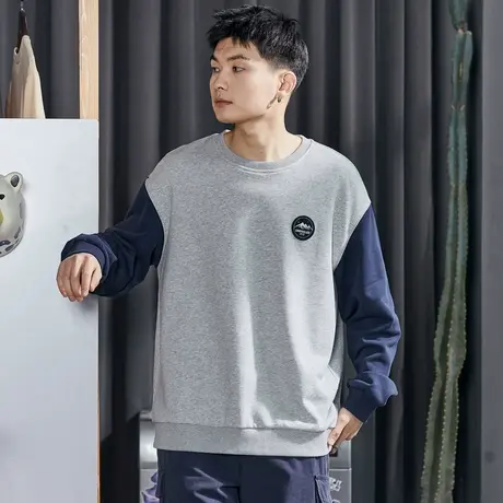 唐狮圆领卫衣男士春秋季新款长袖撞色拼接宽松无帽衫外套潮牌图片