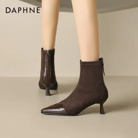 达芙妮细高跟短靴女冬季加绒尖头瘦瘦靴子2026新款绒面弹力马丁靴商品大图