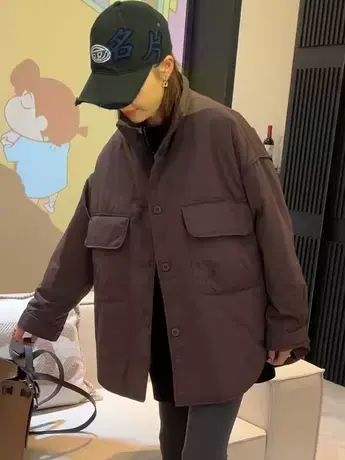 欧洲站2023年欧货新款美式复古立领工装棉服外套女秋冬薄款上衣潮商品大图