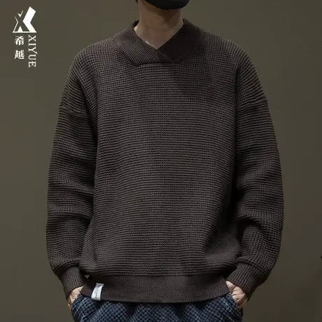 希越华夫格针织毛衣重磅男士秋季宽松大码日系复古V领纯色打底衫商品大图