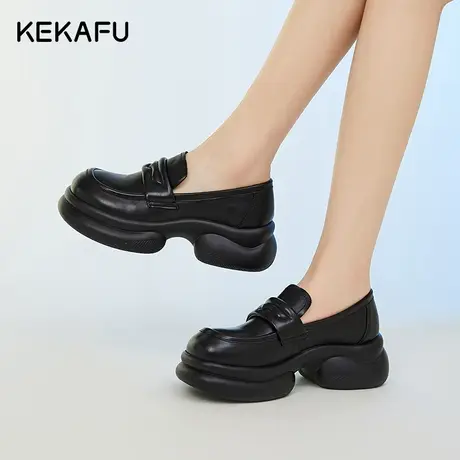 珂卡芙厚底鞋女2023新款软皮乐福鞋女秋季法式粗跟配裙子单鞋女款商品大图
