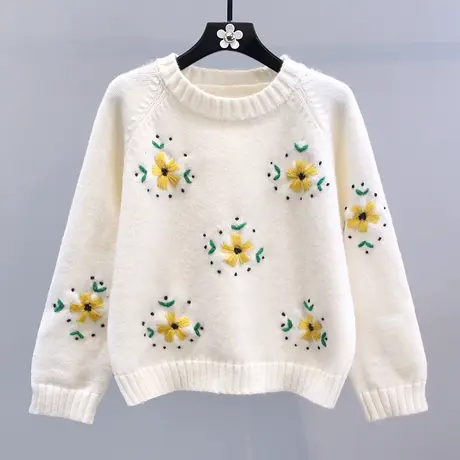 日系甜美刺绣设计感毛衣女秋冬2023新款宽松慵懒风短款针织衫上衣商品大图