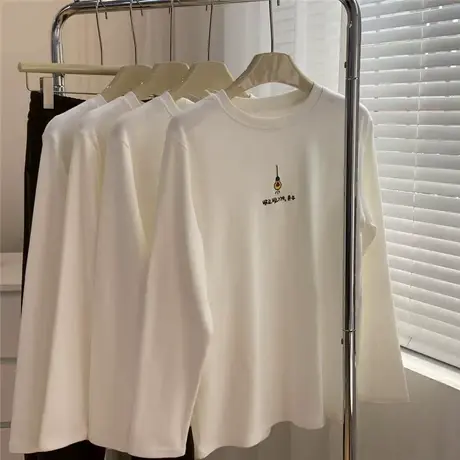 基础款加厚磨毛白色打底衫女宽松百搭圆领长袖T恤22秋冬内搭上衣商品大图