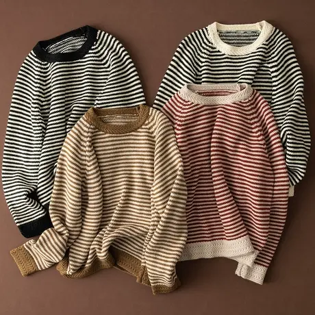 享永子【遇见条纹】领口拼色 安迪绒慵懒条纹套头毛衣针织衫宽松商品大图