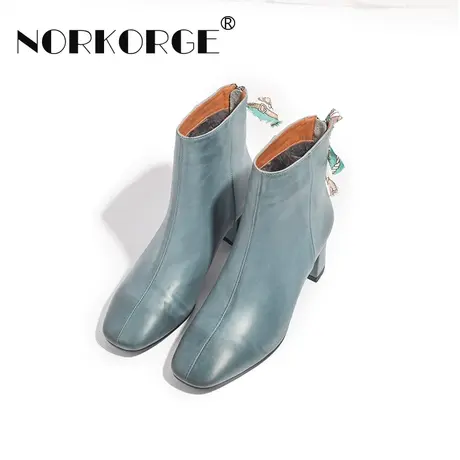 2023新款冬复古蓝色短靴女鞋真皮方头粗跟中跟鞋后拉链马丁靴女靴商品大图