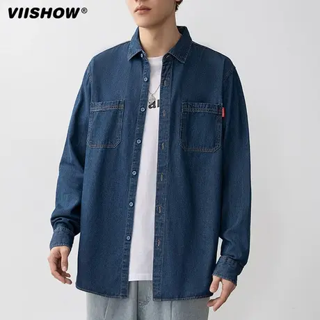 VIISHOW牛仔衬衫男生春秋宽松长袖翻领韩式潮牌百搭外套男士衬衣商品大图
