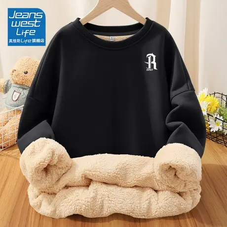 真维斯LIFE黑色圆领卫衣女加绒加厚秋冬款简约宽松羊羔绒外套女装图片