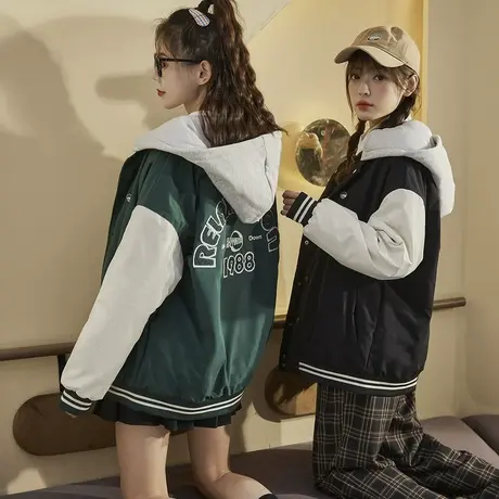 唐狮秋冬新款棒球服外套女加厚夹棉可拆卸连帽棉服ins潮百搭图片