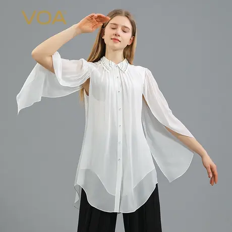 VOA乔其桑蚕丝翻领双层面料育克褶弧形下摆白色通勤简约真丝衬衫图片