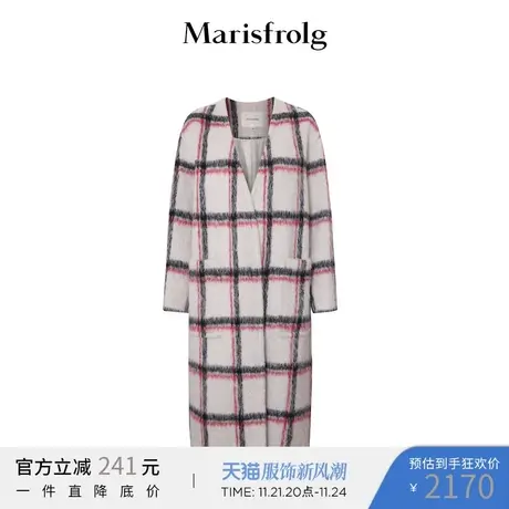 玛丝菲尔毛呢外套2021冬新款花色V领格子女毛呢大衣商品大图