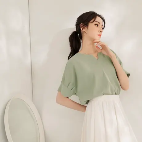 桔熊夏季闺密装通勤小衫舒适纯色修身压褶连袖上衣女大码AB16973商品大图