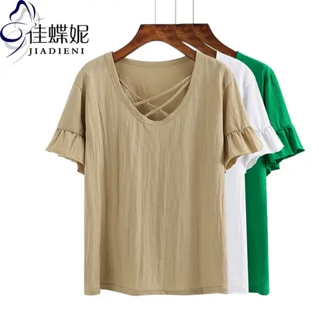 夏新款韩版性格V领宽松短袖体恤打底衫喇叭袖纯色休闲T恤女装上衣商品大图