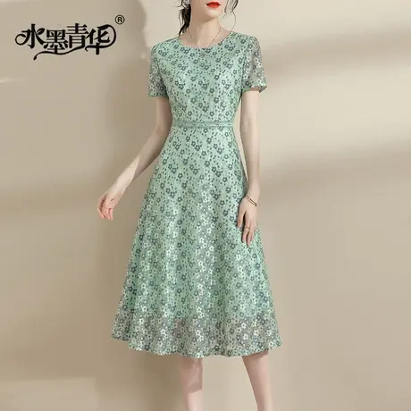 水墨青华夏季新品连身裙修身裙子气质蕾丝裙百搭收腰连衣裙女商品大图