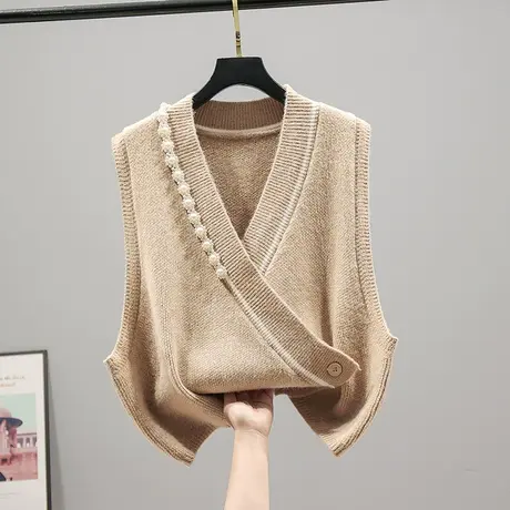 2023春季新品韩版宽松纯色无袖针织衫钉珠马甲背心女百搭毛衣打底图片