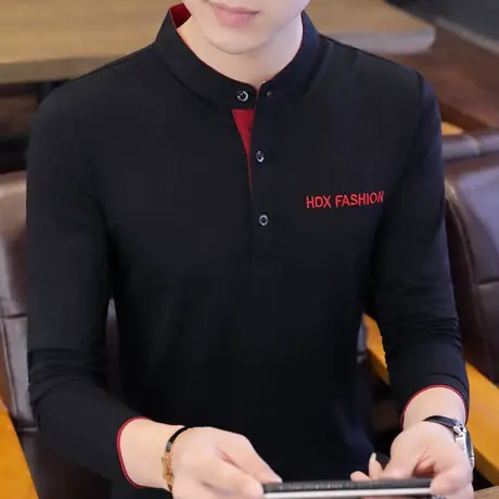 秋季男士长袖T恤潮牌男装丅立领春秋打底衫体恤棉感上衣服POLO衫商品大图