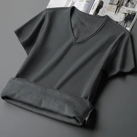 短袖t恤男装V领纯色上衣服秋冬季保暖加绒加厚内搭半袖打底衫潮流商品大图