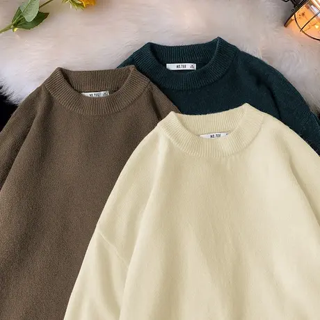 圆领毛衣男秋冬季打底衫美式复古毛衫宽松外穿慵懒风针织衫毛线衣图片