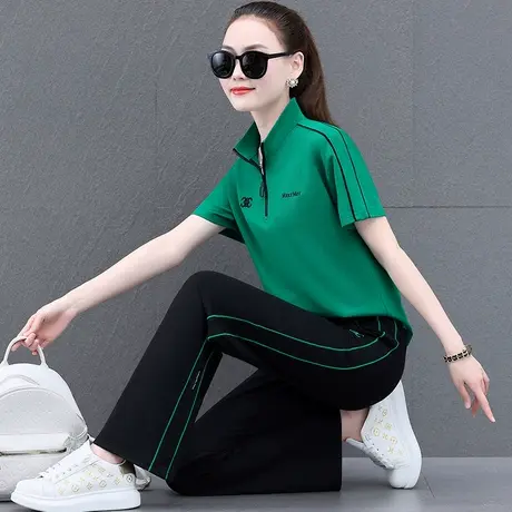 夏季薄款阔腿裤休闲运动套装女2022年新款时尚短袖长裤显瘦两件套图片