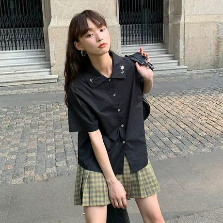 omont蛋挞家 复古刺绣短袖衬衫女夏薄款设计感小众日系学院风上衣商品大图