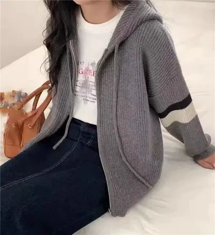 针织衫女装连帽开衫女秋冬毛衣短外套女2023年爆款宽松外穿上衣女商品大图