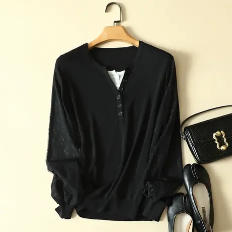 清仓！雪纺袖冰丝针织假两件套秋装新款宽松大码上衣洋气打底衫女图片