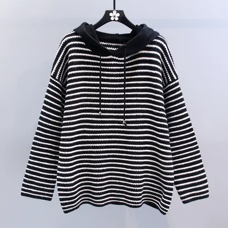 撞色条纹连帽毛衣女秋冬2023新款宽松慵懒风外穿休闲百搭针织衫商品大图