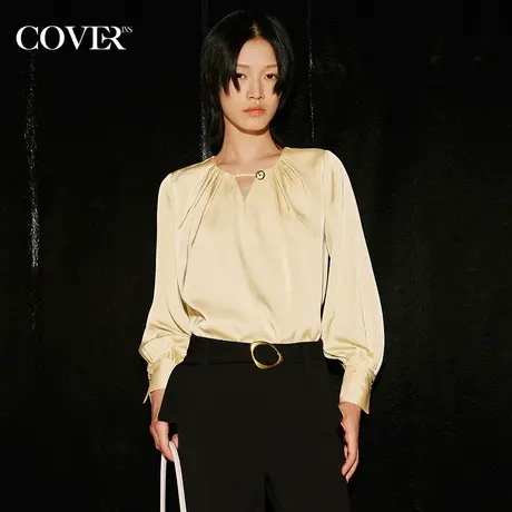 COVER秋季仿醋酸缎面立裁褶皱衬衫图片