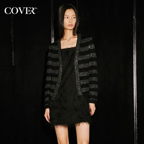 COVER秋季香风撞色条纹开衫V领针织衫图片