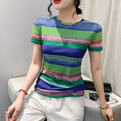 时尚拼色T恤女短袖2024夏装新款修身圆领上衣洋气显瘦网纱小衫ins图片