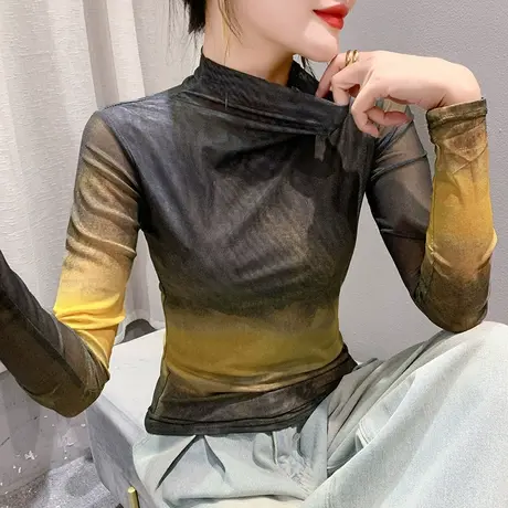 撞色扎染印花透气上衣性感网纱半高领T恤女长袖个性百搭修身小衫图片