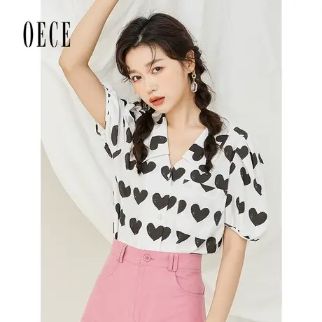 Oece甜美爱心衬衫夏季新款女装复古印花衬衣女士设计感上衣商品大图