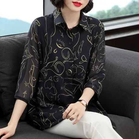 大码雪纺衬衫七分袖女上衣春夏季2023年新款妈妈碎花中袖衬衣宽松图片