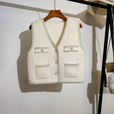 小香风毛衣马甲开衫女秋冬新款宽松v领叠穿休闲百搭针织背心外套商品大图